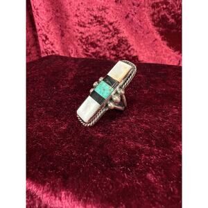 Vintage Sterling Silver Ring Turquoise & Mother of Pearl Inlay Statement Size 6